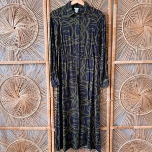 H&M x Richard Allen Black, Tan & Green Buttoned Long Sleeve Shirt Dress SZ 2
